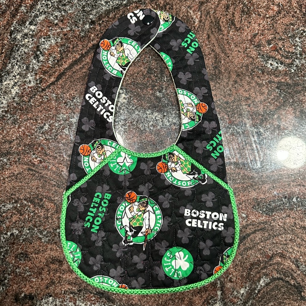 Handmade reversible quilted baby bib in Boston Celtics print